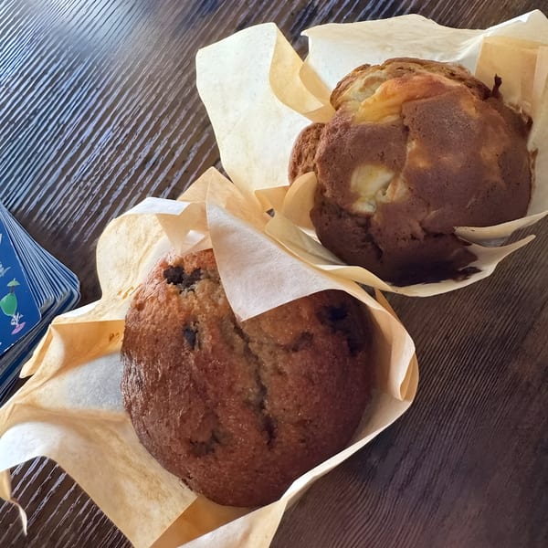 Two freshly baked muffins, one chocolate chip and one with white chunks, in paper wrappers on a wooden table.